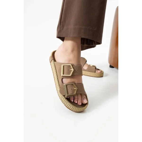 Loera Vizon Nubuk Çift Tokalı Terlik