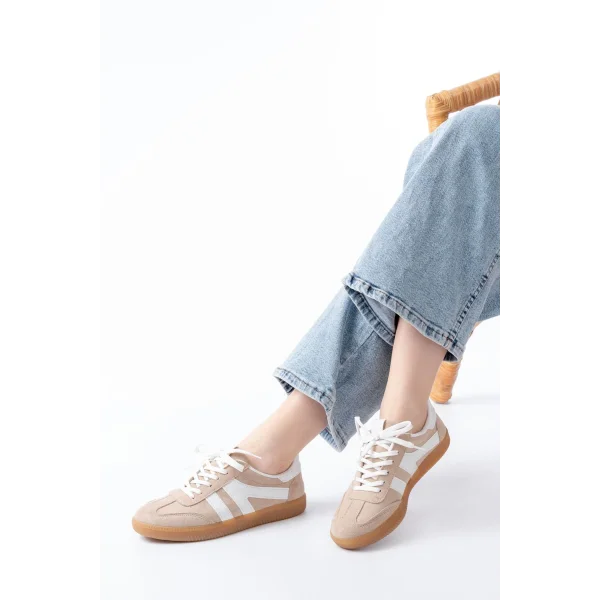 M-1004 Bej Süet Bağcıklı Termo Taban Günlük Kadın Spor