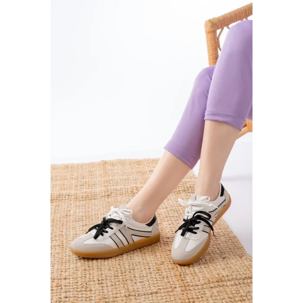 M-6005 Beyaz Garni  Bağcıklı Termo Taban Günlük Kadın Spor