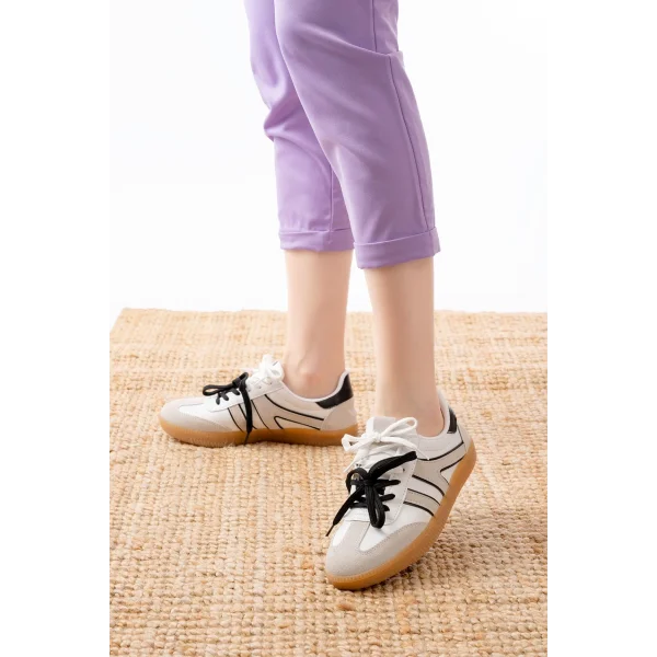 M-6005 Beyaz Garni  Bağcıklı Termo Taban Günlük Kadın Spor