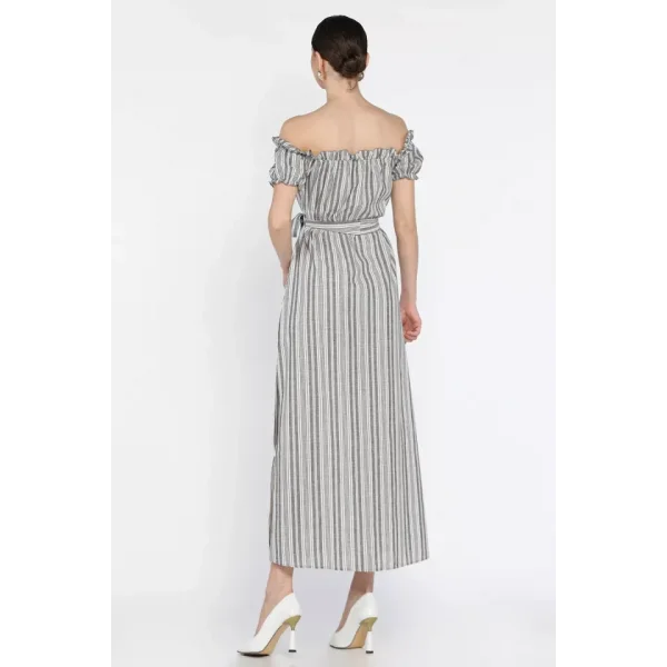 Madonna yaka midi yırtmaçlı kuşaklı keten elbise