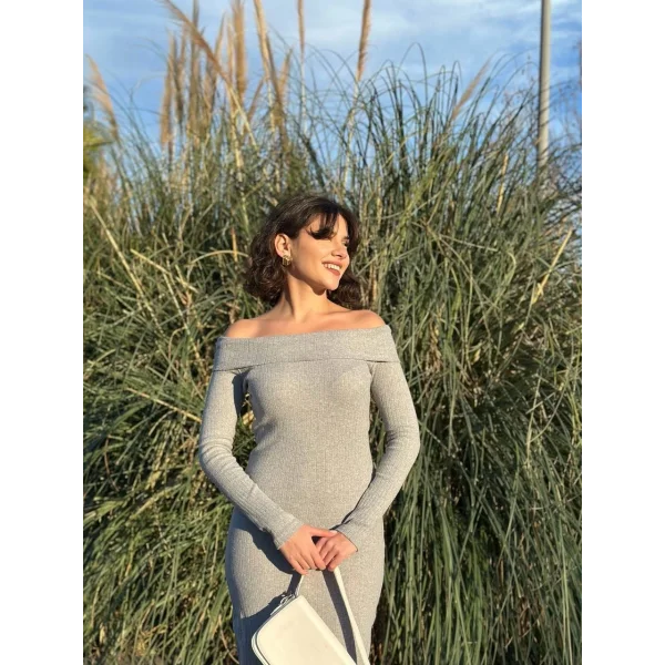 Madonna yaka uzun elbise şardonlu kumaş gri w3753