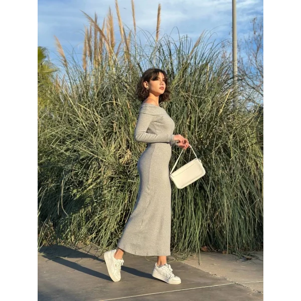 Madonna yaka uzun elbise şardonlu kumaş gri w3753