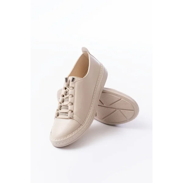 MK-9026 Bej Bağcıklı  Taş Aksesuarlı Günlük Spor Ayakkabı