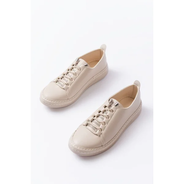 MK-9026 Bej Bağcıklı  Taş Aksesuarlı Günlük Spor Ayakkabı