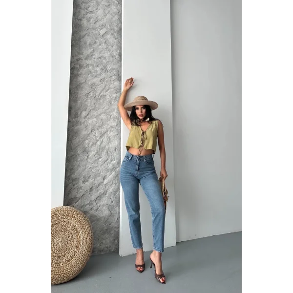 Mom fit bıyık kar yıkama jeans pantolon koyu mavi d2006