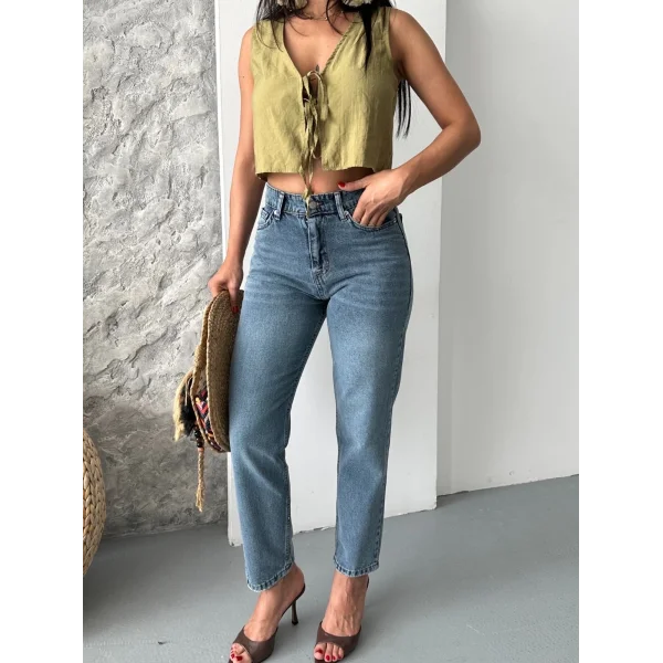 Mom fit bıyık kar yıkama jeans pantolon koyu mavi d2006