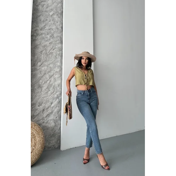Mom fit bıyık kar yıkama jeans pantolon koyu mavi d2006