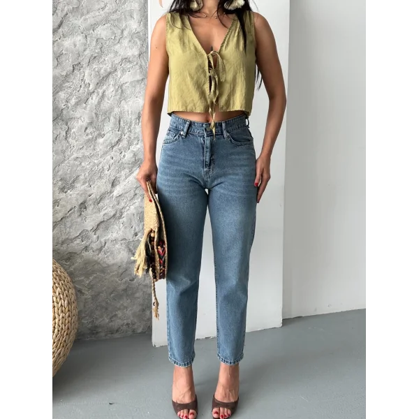 Mom fit bıyık kar yıkama jeans pantolon koyu mavi d2006