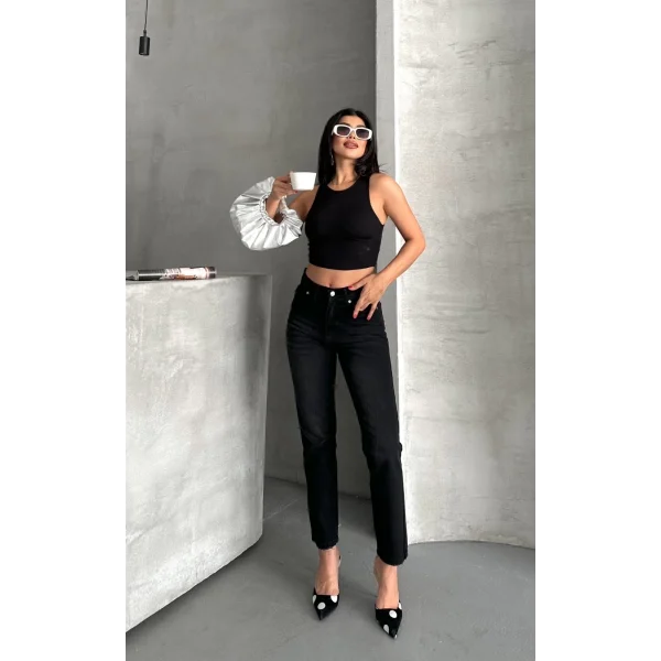 Mom fit enzim bıyıklı taş yıkama jeans pantolon siyah d2006