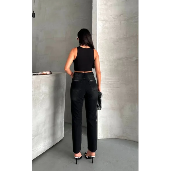 Mom fit enzim bıyıklı taş yıkama jeans pantolon siyah d2006