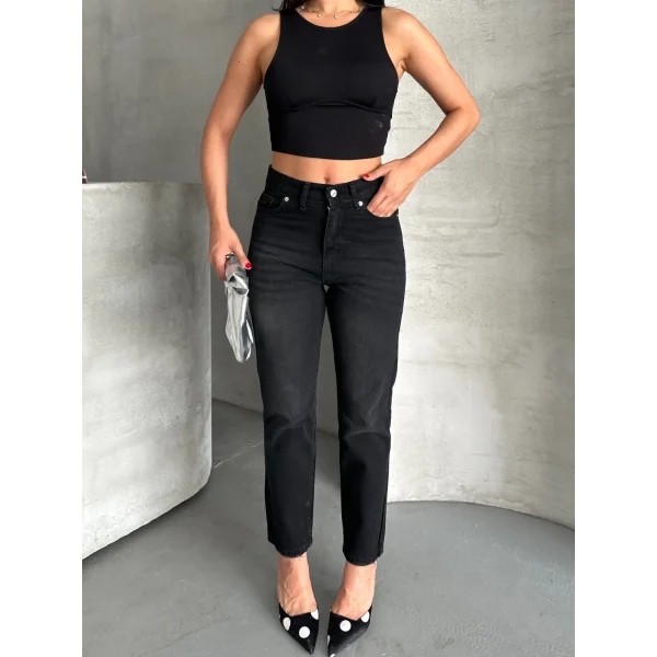 Mom fit enzim bıyıklı taş yıkama jeans pantolon siyah d2006