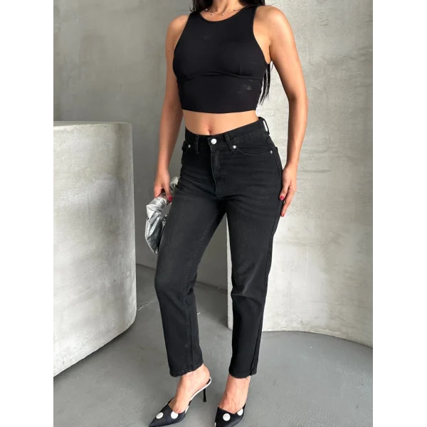 Mom fit enzim bıyıklı taş yıkama jeans pantolon siyah d2006