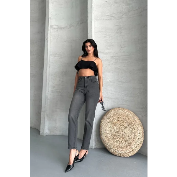 Mom fit enzim taş yıkama jeans pantolon füme d2006