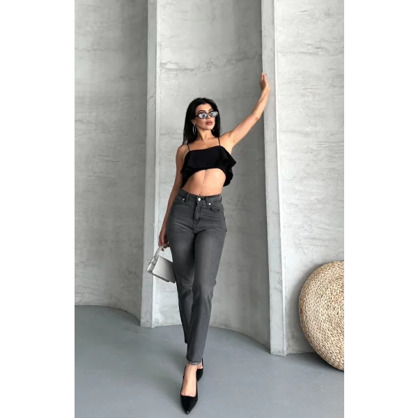 Mom fit enzim taş yıkama jeans pantolon füme d2006