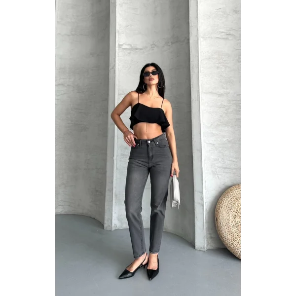 Mom fit enzim taş yıkama jeans pantolon füme d2006