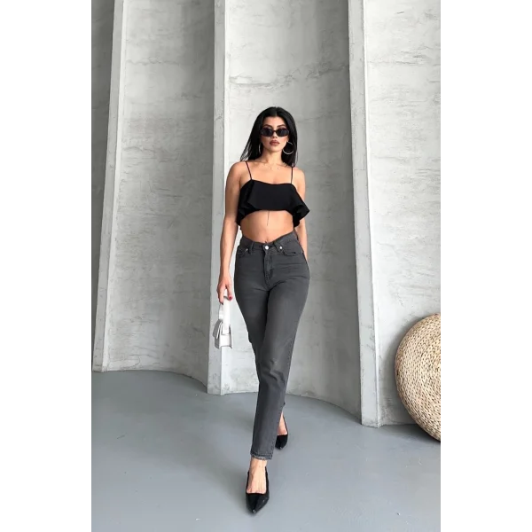 Mom fit enzim taş yıkama jeans pantolon füme d2006