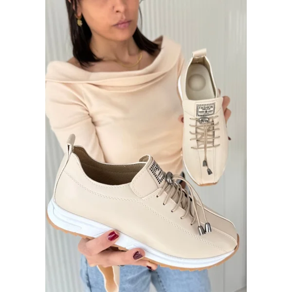 Monya Bej Cilt Bağcıklı Spor Ayakkabı