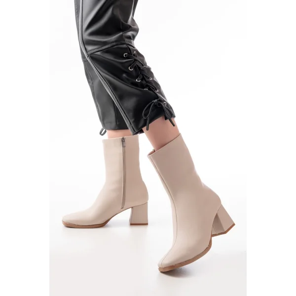 MSK-032 Bej Topuklu Fermuarlı Kadın Bot