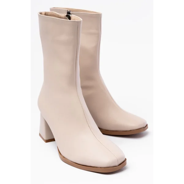 MSK-032 Bej Topuklu Fermuarlı Kadın Bot