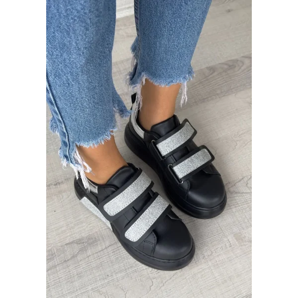 Nino Siyah Cilt Simli Cırt Cırtlı Spor Ayakkabı