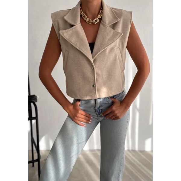 Önü çıtçıtlı cepli kaşe yelek bej f2253