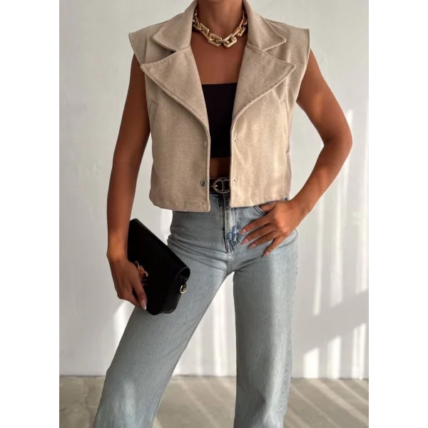 Önü çıtçıtlı cepli kaşe yelek bej f2253