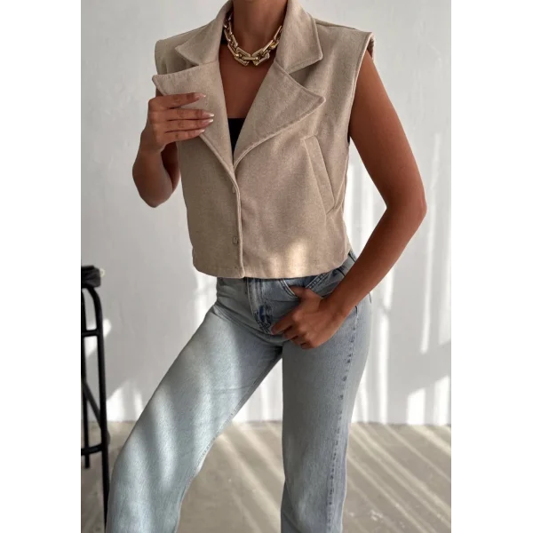 Önü çıtçıtlı cepli kaşe yelek bej f2253