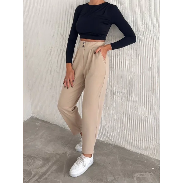 örme krep pantolon çift düğmeli