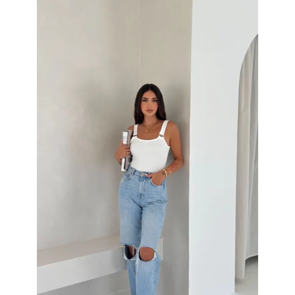 Ottoman toka askılı bluz beyaz s4194