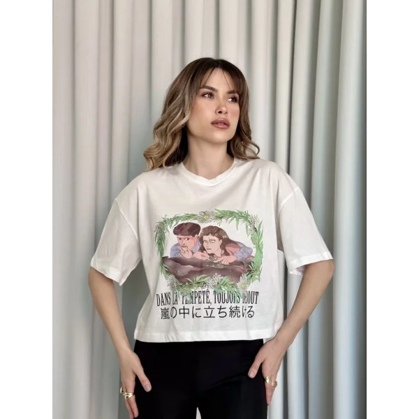 Oversize Beyaz baskılı crop tişört