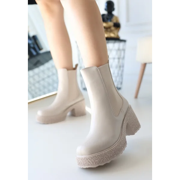 Paigo Bej Cilt Topuklu Bot