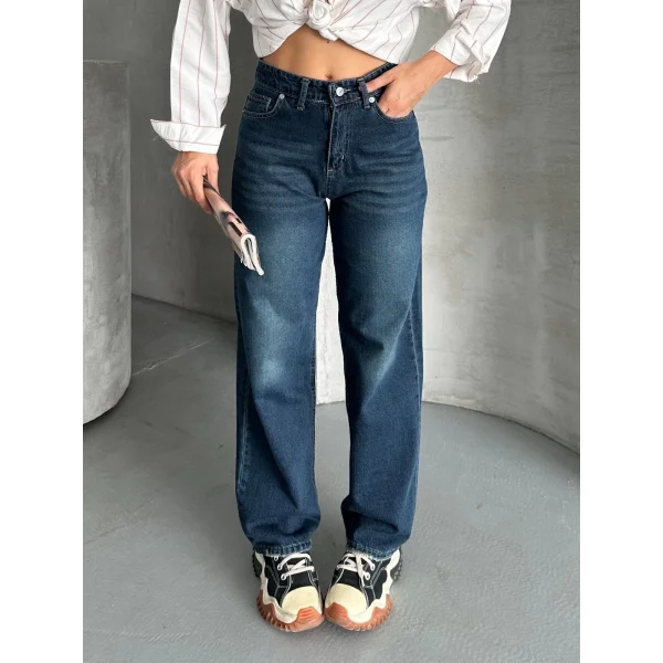 Palazzo bıyık enzim yıkama jeans pantolon koyu mavi d2008