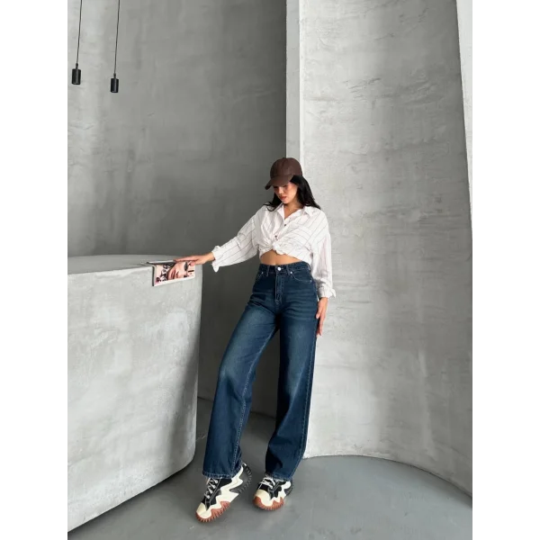 Palazzo bıyık enzim yıkama jeans pantolon koyu mavi d2008