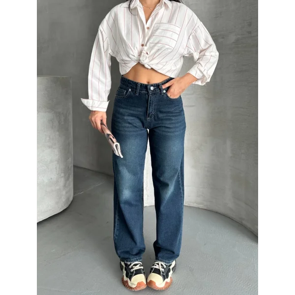 Palazzo bıyık enzim yıkama jeans pantolon koyu mavi d2008