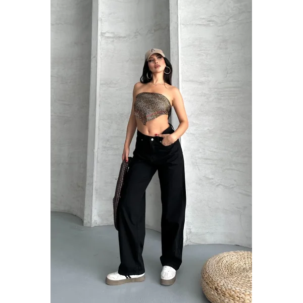 Palazzo straight enzim süper taş yıkama jeans pantolon siyah d2008