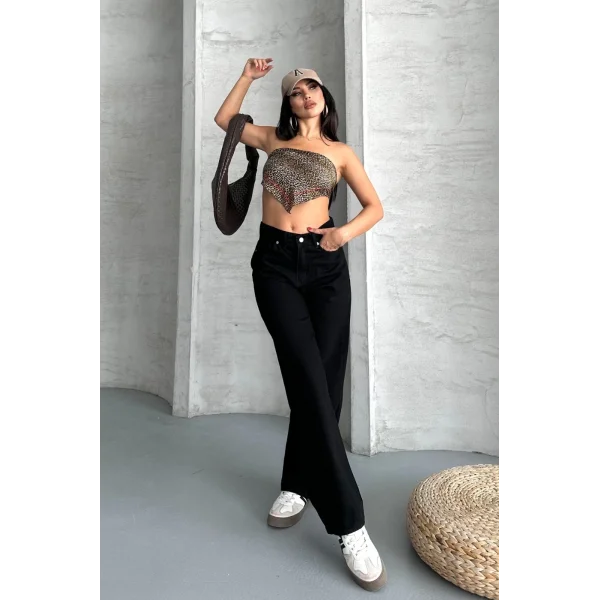 Palazzo straight enzim süper taş yıkama jeans pantolon siyah d2008