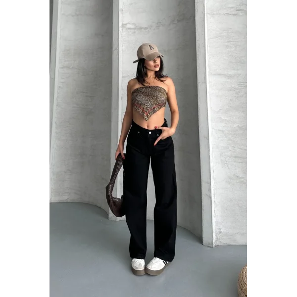 Palazzo straight enzim süper taş yıkama jeans pantolon siyah d2008