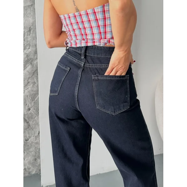 Palazzo süper taş enzim tint yıkama koyu lacivert jeans pantolon d2008