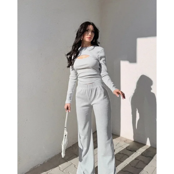 Pencereli detaylı alt üst takım gri w3864