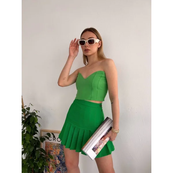 Pileli düğmeli etek açık yeşil s24811