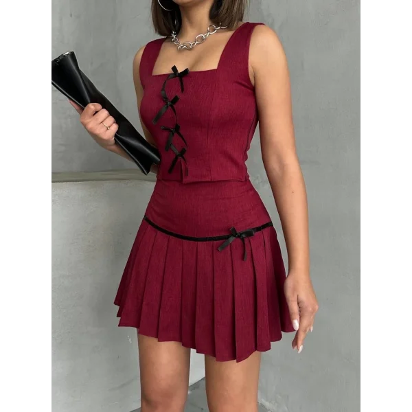 Pileli etek yelek takım bordo s255015