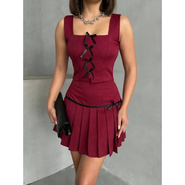 Pileli etek yelek takım bordo s255015