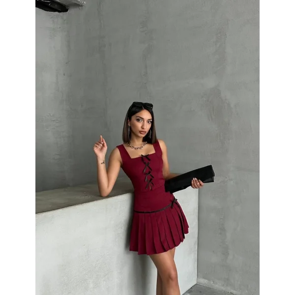 Pileli etek yelek takım bordo s255015