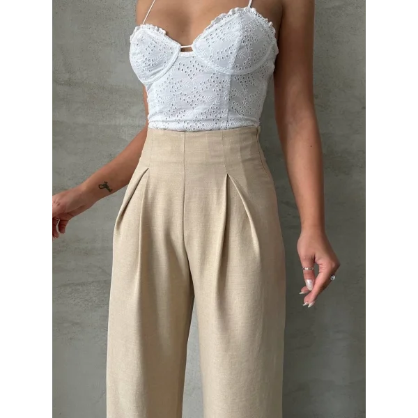 Pileli keten pantolon s255046