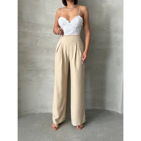 Pileli keten pantolon s255046