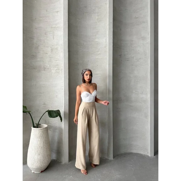 Pileli keten pantolon s255046