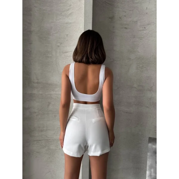 Piliseli düğmeli şort etek beyaz s25813