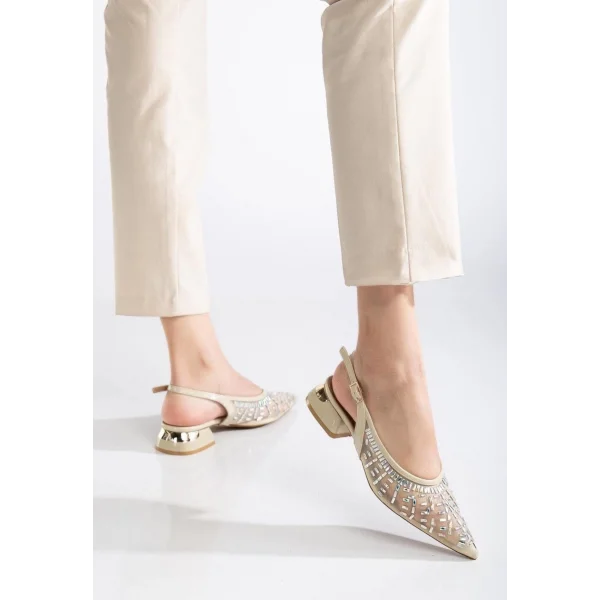 Piyar Bej Taşlı Topuklu Ayakkabı