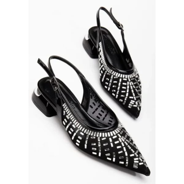 Piyar Siyah Taşlı Topuklu Ayakkabı